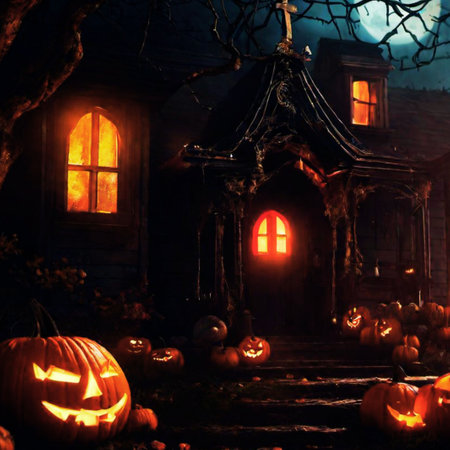 Halloween scene with pumpkins in front of haunted house at nightの素材