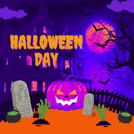 Halloween background with pumpkins and cemetery. Vector Illustration.の写真素材