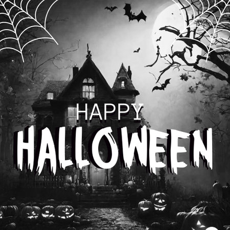 Halloween background with pumpkins, spider web and haunted house.の写真素材