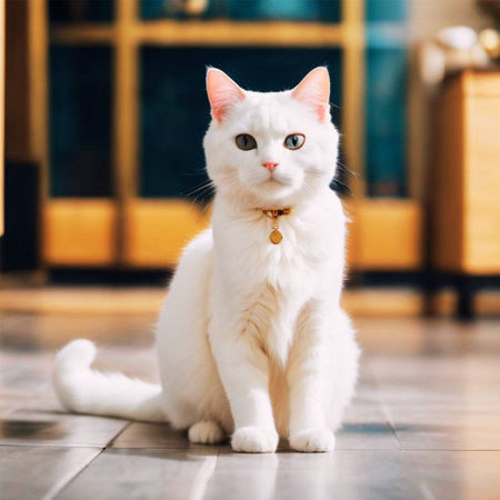 White cat with blue eyes sitting on the floor in the room.の写真素材
