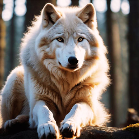 Portrait of a beautiful wolf in the forest at sunset. Animal portrait.の写真素材