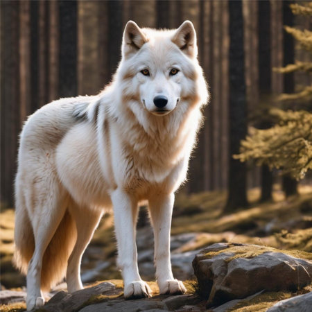 White wolf standing on the rock in the forest. Portrait of a dog.の写真素材