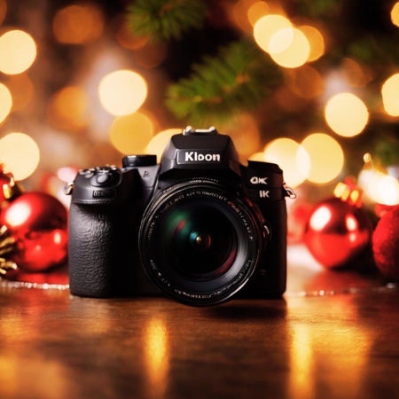Christmas photo camera with bokeh background and christmas tree.