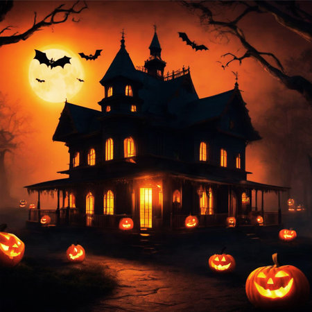 Halloween background with haunted house, jack o lanterns and batsの写真素材