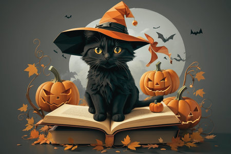 Black cat in witch hat sitting on a book with pumpkins and batsの素材