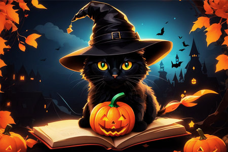 Black cat in witch hat with book on Halloween background. Vector illustration.の素材