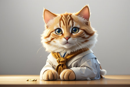Cute cat with bow tie on table against grey background, closeupの素材