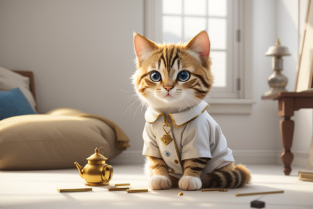 Cute cat in costume of prince on floor in room. Space for textの素材