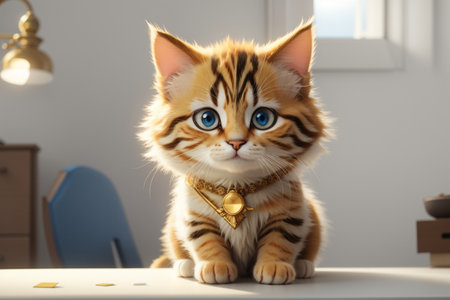 Cute little bengal cat with golden collar on table indoorsの素材