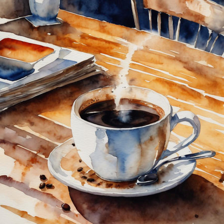 A cup of coffee and a newspaper are placed on a tableの素材