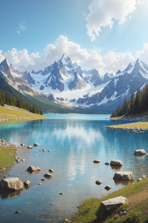 Scenic painting of a calm lake nestled amidst mountains, trees, and rocky terrainの素材