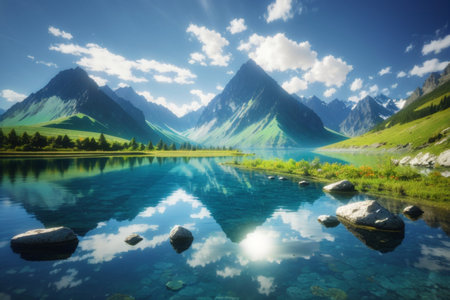 A stunning view of majestic mountains and a serene body of waterの素材