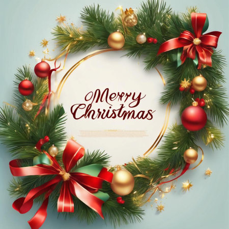 Christmas wreath with red and gold balls, and a Merry Christmas messageの素材