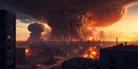 A city engulfed in billowing smoke and raging flames, creating a scene of chaos and destructionの素材