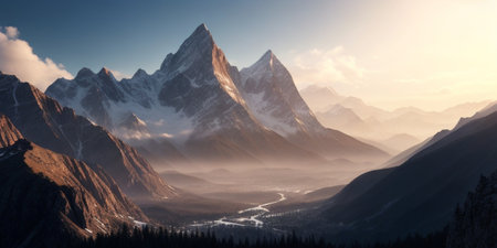 A picturesque mountain range with a serene river flowing through its midstの素材
