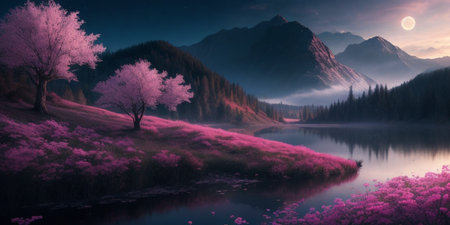 Mesmerizing sunset scenery with lake and mountainsの素材