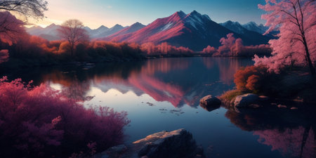 Mesmerizing sunset scenery with lake and mountainsの素材
