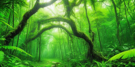 A lush green forest filled with trees and plants, creating a vibrant and serene natural landscapeの素材
