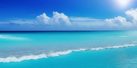 Stunning beach with crystal blue water and fluffy white cloudsの素材
