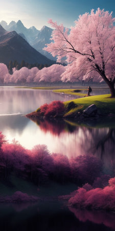 A stunning landscape with pink trees and mountains, showcasing the beauty of natureの素材