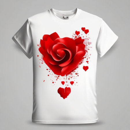 T-shirt with a red rose and hearts on a gray backgroundの素材