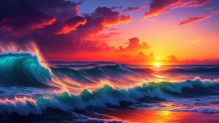 Beautiful seascape with breaking wave at sunset. Nature backgroundの素材