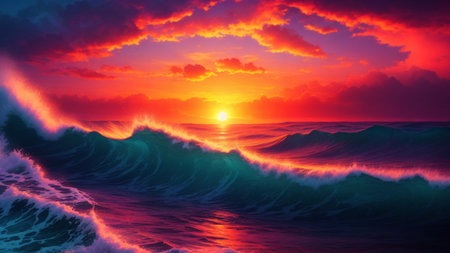 Beautiful seascape with a wave at sunset. 3d renderingの素材