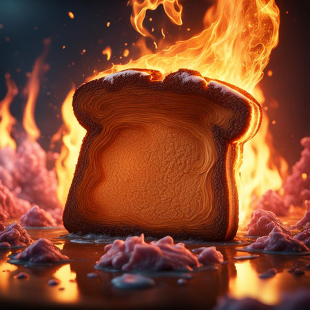 Burning slice of bread on a dark background. 3d renderingの素材