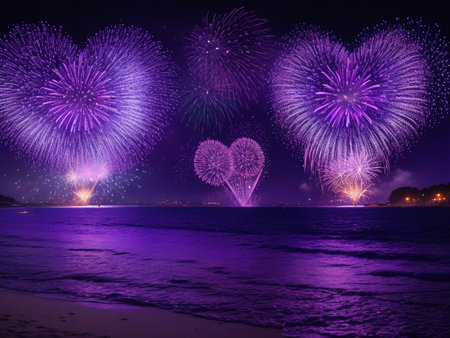 Colorful fireworks of various colors over sea at Pattaya beach, Thailandの素材