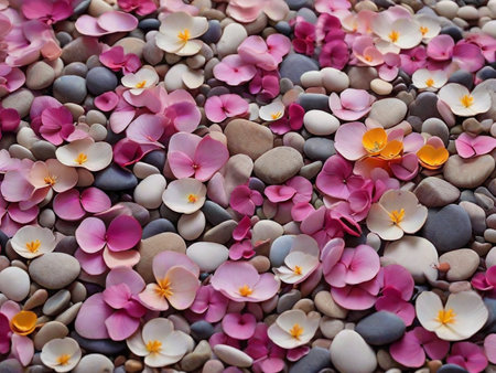 pink and white pebbles on the beach with flower petalsの素材