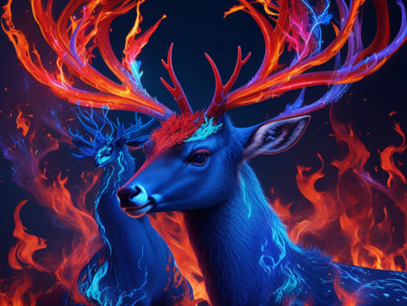 Fantasy illustration of a deer with red horns in the fire.の素材