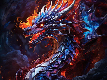 Dragon in fire. Fantasy dragon. Fantasy dragon. 3D renderingの素材
