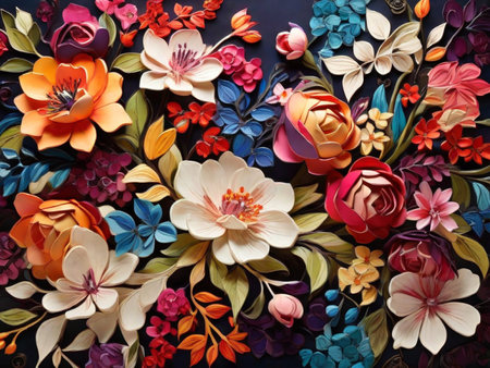 Colorful paper flowers on a dark background. Close-up.の素材