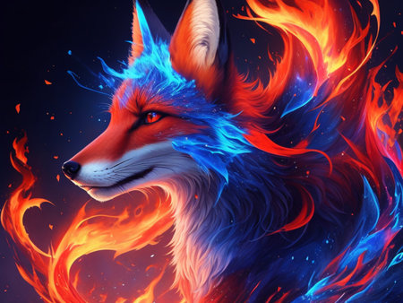 Digital painting of a fox with fire flames on a black background.の素材
