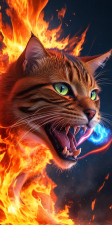 Furious cat in the fire on black background. 3d illustrationの素材