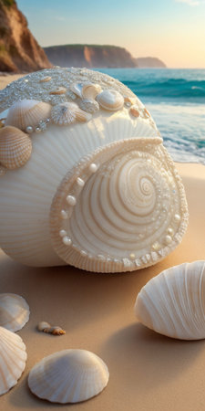 Seashells on the beach at sunset. Summer vacation backgroundの素材