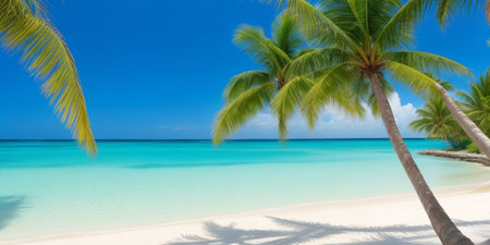 Palm trees on a tropical beach with white sand and turquoise waterの素材
