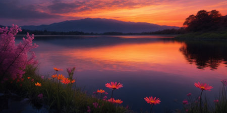 Beautiful sunset at the lake with colorful flowers and mountain in backgroundの素材
