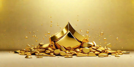 3d rendering of a golden object with a pile of gold coinsの素材