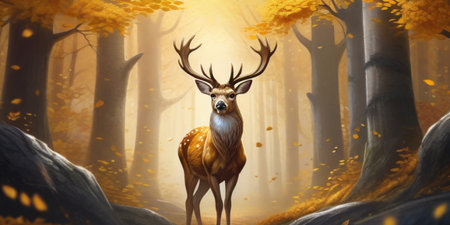 Fantasy forest with deer and autumn trees. 3D illustration.の素材