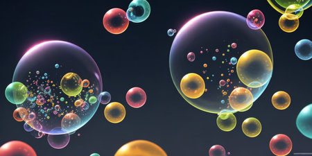 Colorful soap bubbles on a dark background. 3D illustration.の素材