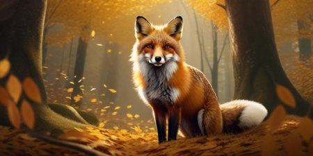 Red fox sitting in the autumn forest. 3d render illustration.の素材