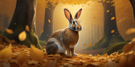 3d rendering of a cute brown hare in the autumn forestの素材