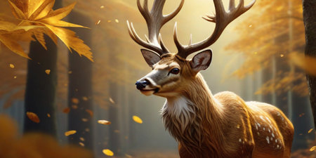 Beautiful deer in the autumn forest. 3d render. Nature backgroundの素材