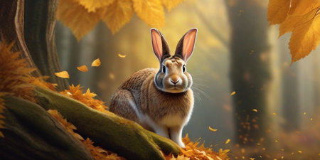 Easter bunny sitting in the autumn forest with yellow leaves. 3d renderingの素材