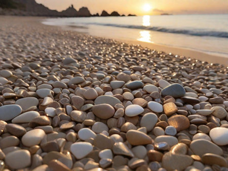 pebble stones on the beach at sunset, beautiful photo digital pictureの素材