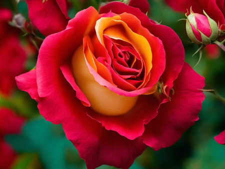 Beautiful red and yellow rose in garden, close-up.の素材