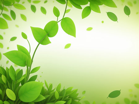 Fresh green leaves on blurred nature background with copy space. Vector illustration.の素材