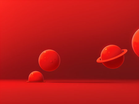 Abstract red background with planets and stars. 3d render illustration.の素材