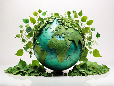 Globe and green leaves on white background. Earth Day concept.の素材